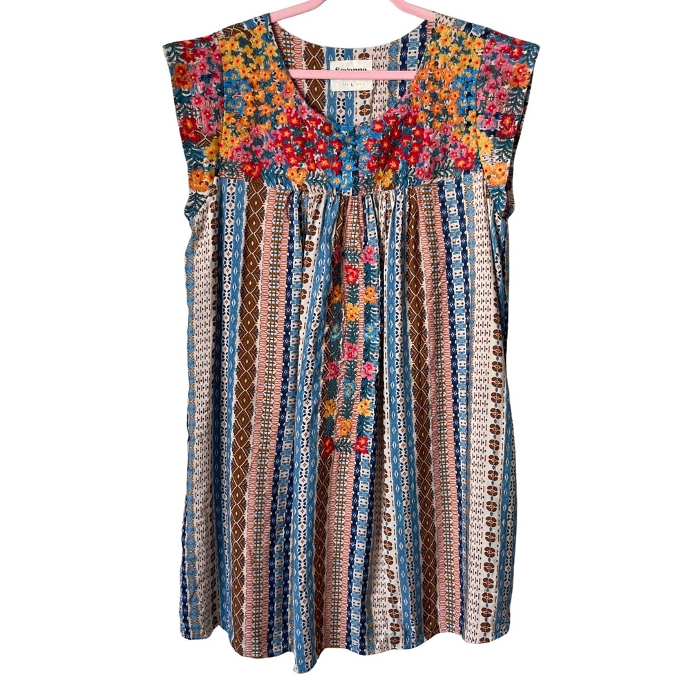 Savanna Jane Dress Womens Large Embroidered Floral Geometric Shift Boho Garden